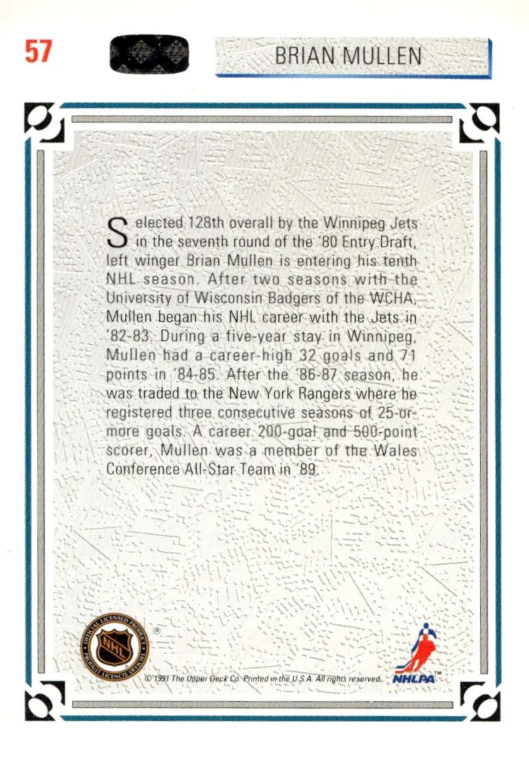1991-92 Upper Deck #57 Brian Mullen (back)