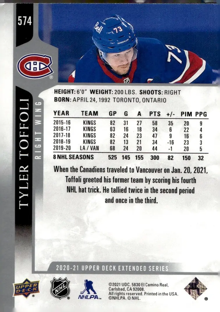2020-21 Upper Deck Extended Series #574 Tyler Toffoli (back)