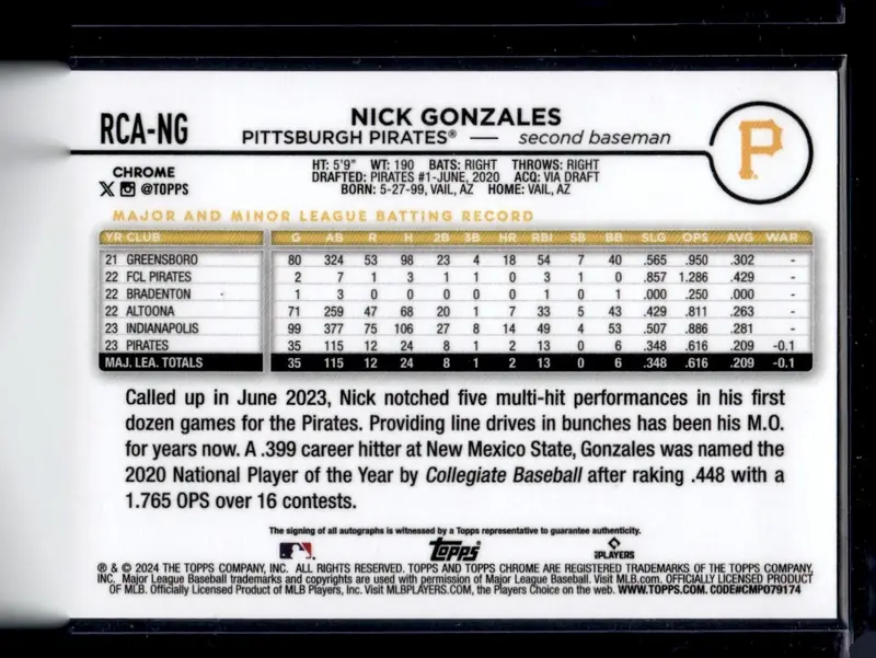 2024 Topps Chrome Logofractor Edition #RCA-NG Nick Gonzales – MLB Refractor (back)