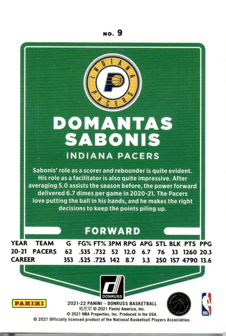 2021-22 Donruss #9 Domantas Sabonis (back)