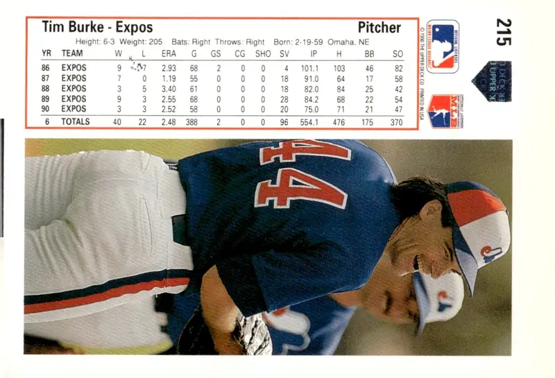 1991 Upper Deck #215 Tim Burke (back)