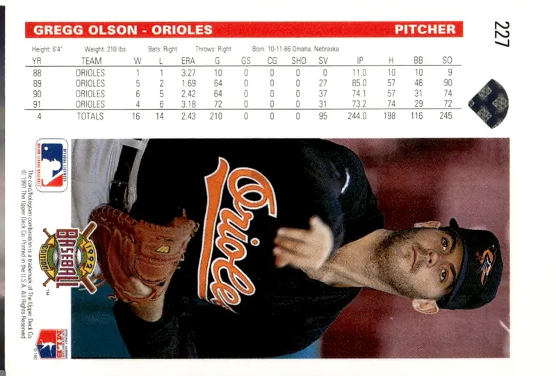 1992 Upper Deck Baseball #227 Gregg Olson (back)