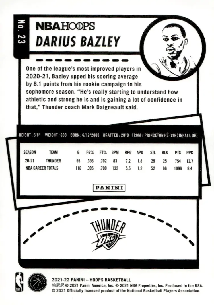 2021-22 NBA Hoops #23 Darius Bazley (back)