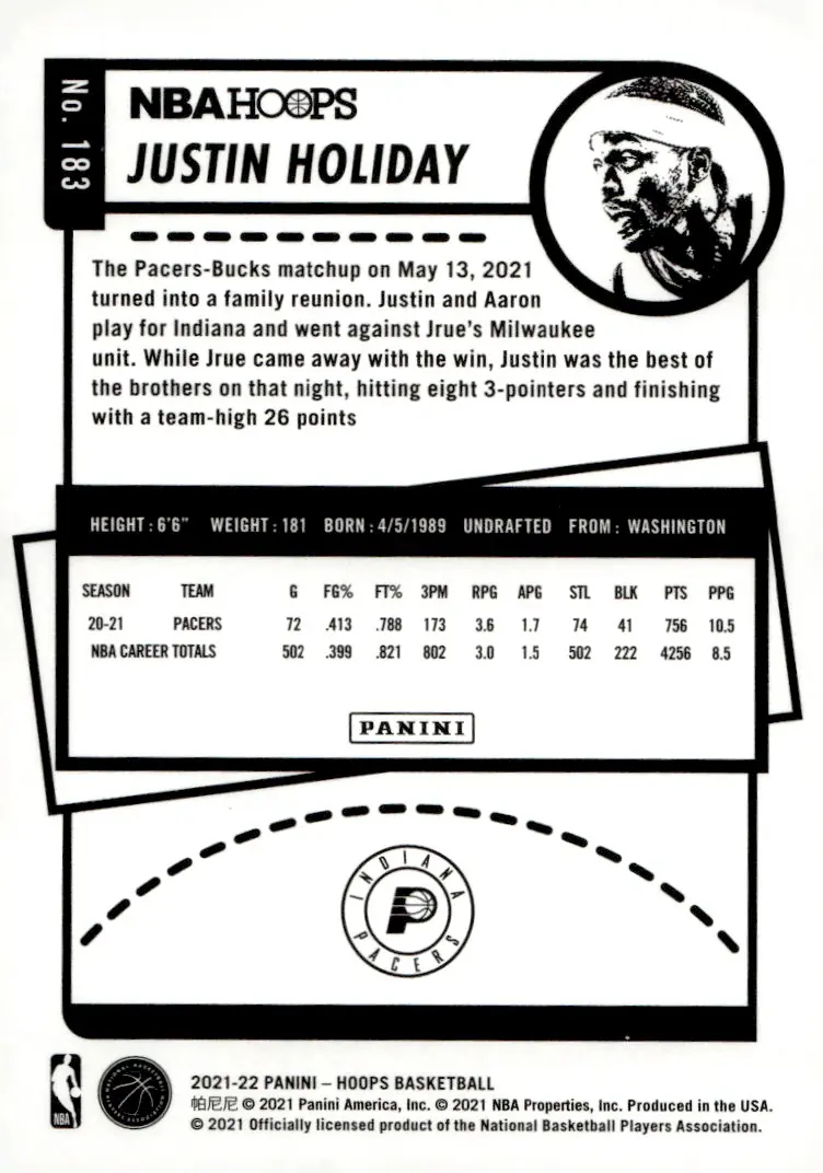 2021-22 NBA Hoops #183 Justin Holiday (back)