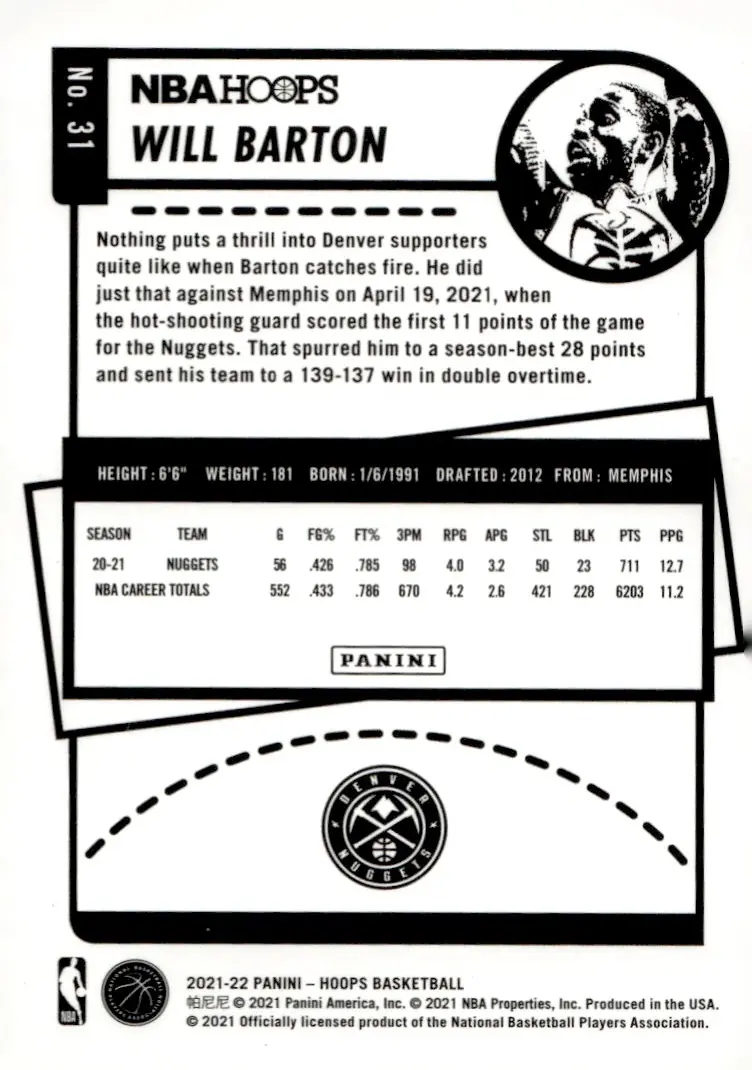 2021-22 NBA Hoops #31 Will Barton (back)