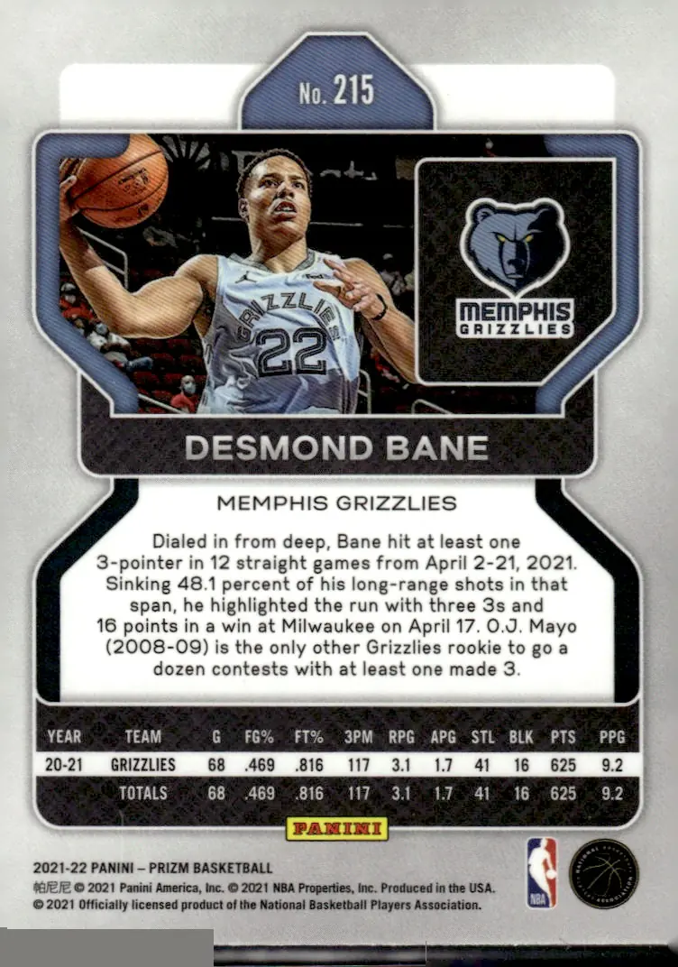 2021-22 Prizm #215 Desmond Bane (back)
