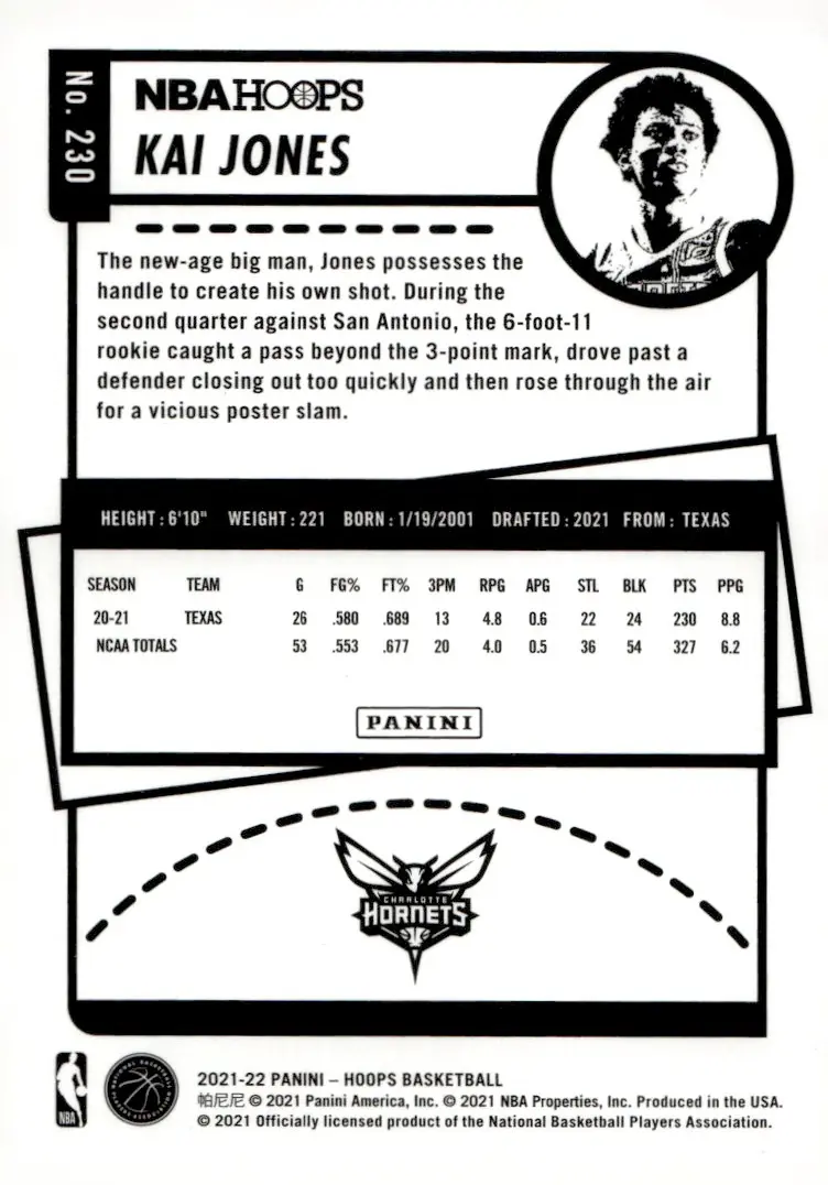 2021-22 NBA Hoops #230 Kai Jones (back)
