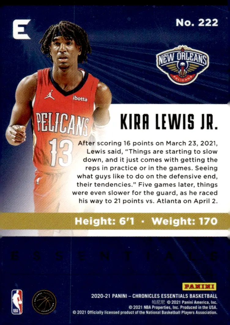 2020-21 Panini Chronicles Basketball #222 Kira Lewis Jr. (back)