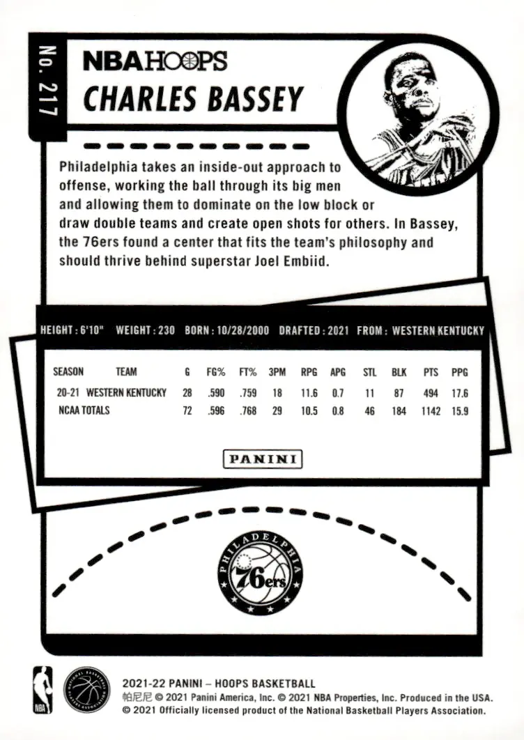 2021-22 NBA Hoops #217 Charles Bassey (back)