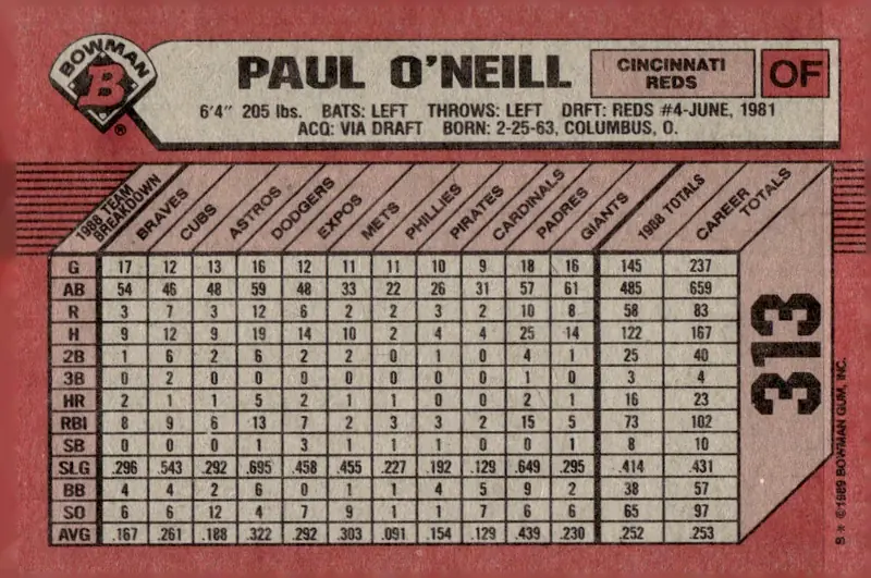 1989 Bowman #313 Paul O'Neill (back)