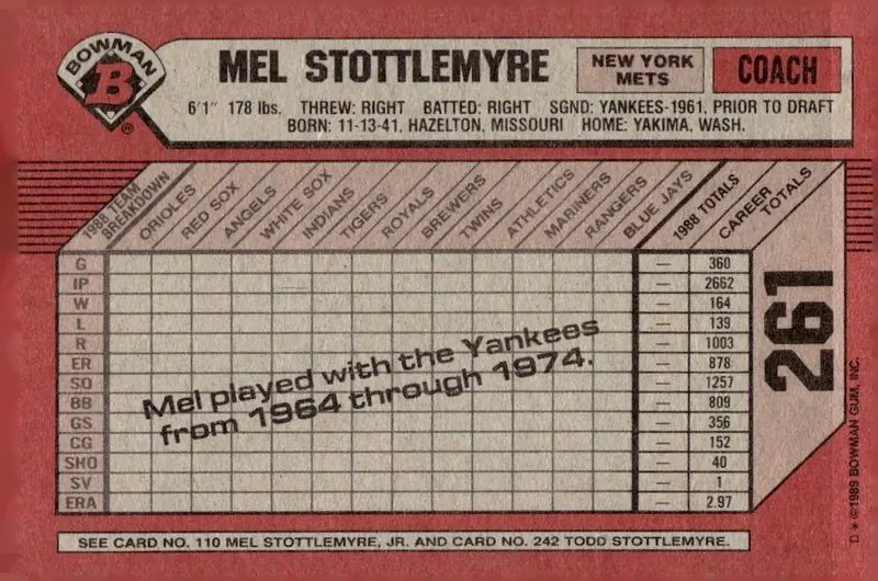 1989 Bowman #261 Mel Stottlemyre (back)