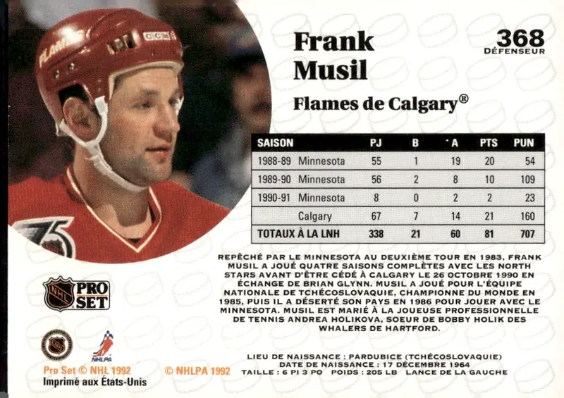 1991-92 Pro Set (French edition) #368 Frank Musil – French-language version (back)