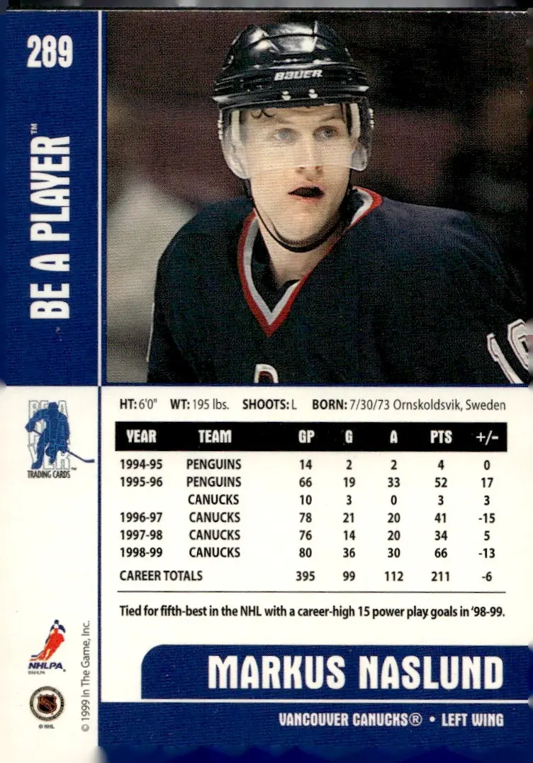 1999-00 Be A Player Memorabilia #289 Markus Naslund (back)