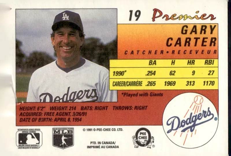1991 O-Pee-Chee Premier #19 Gary Carter (back)