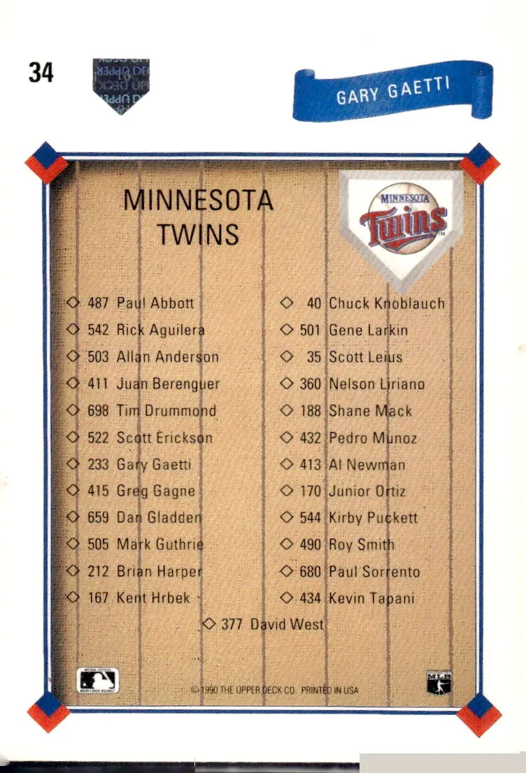 1991 Upper Deck #34 Gary Gaetti (back)