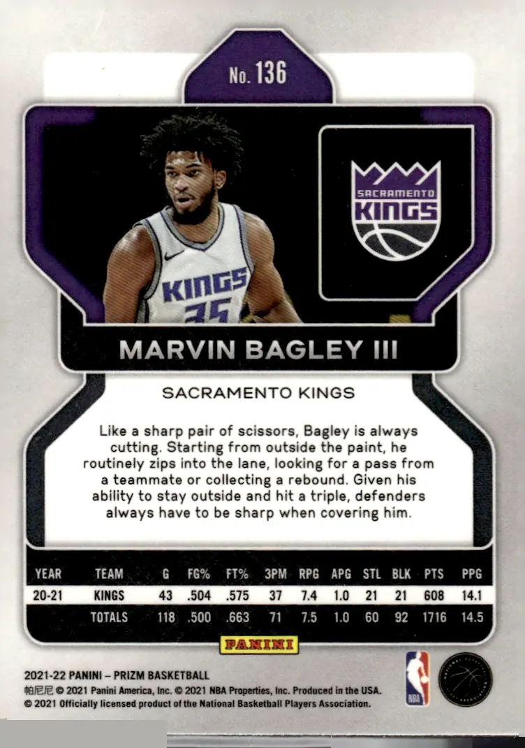 2021-22 Prizm #136 Marvin Bagley III (back)