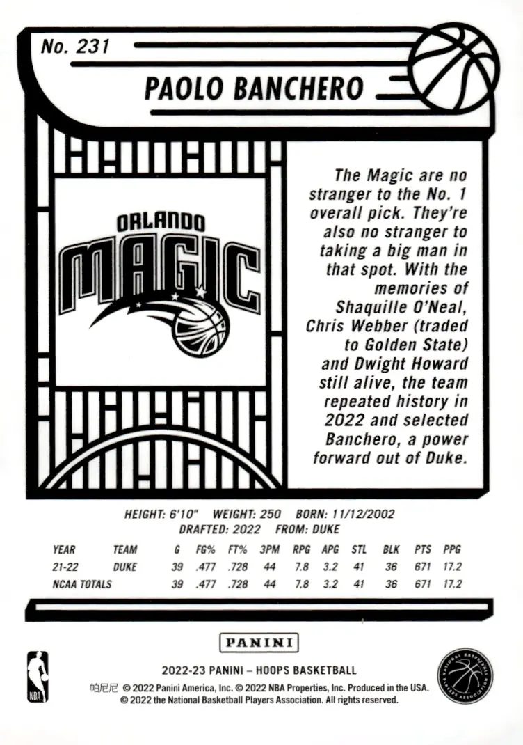 2022-23 NBA Hoops #231 Paolo Banchero (back)