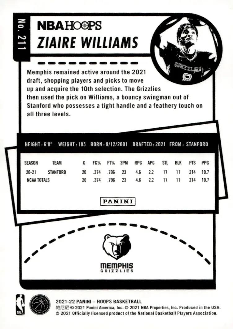2021-22 NBA Hoops #211 Ziaire Williams (back)