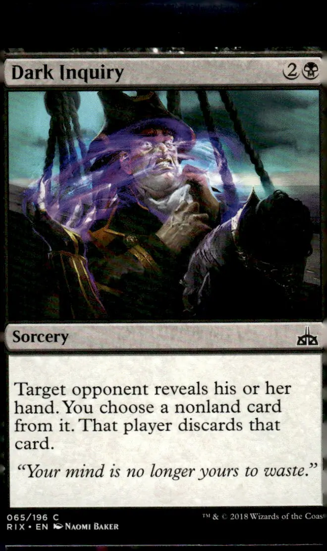 2018 Magic: The Gathering - Rivals of Ixalan (RIX) #065/196 Dark Inquiry (card name); art by Naomi Baker (front)