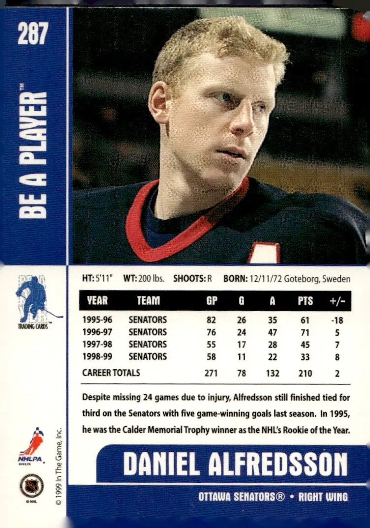 1999-00 Be A Player Memorabilia #287 Daniel Alfredsson (back)