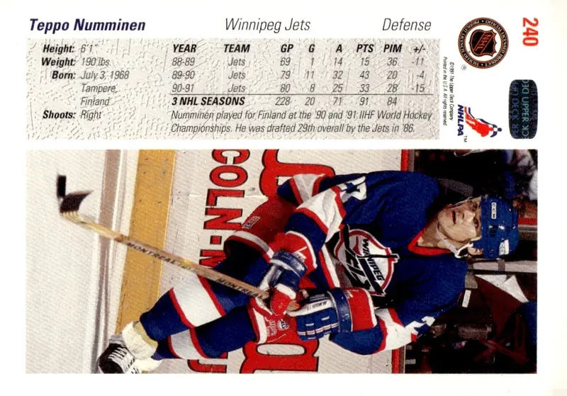 1991-92 Upper Deck #240 Teppo Numminen (back)