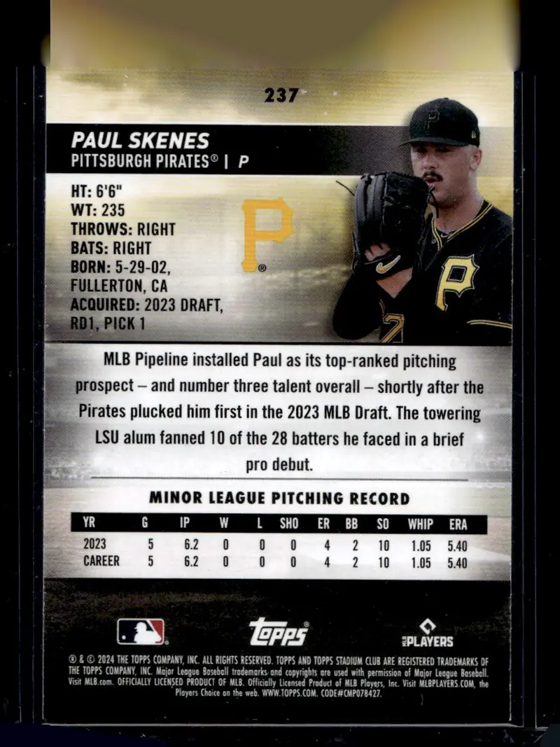2024 Topps Stadium Club #237 Paul Skenes (back)