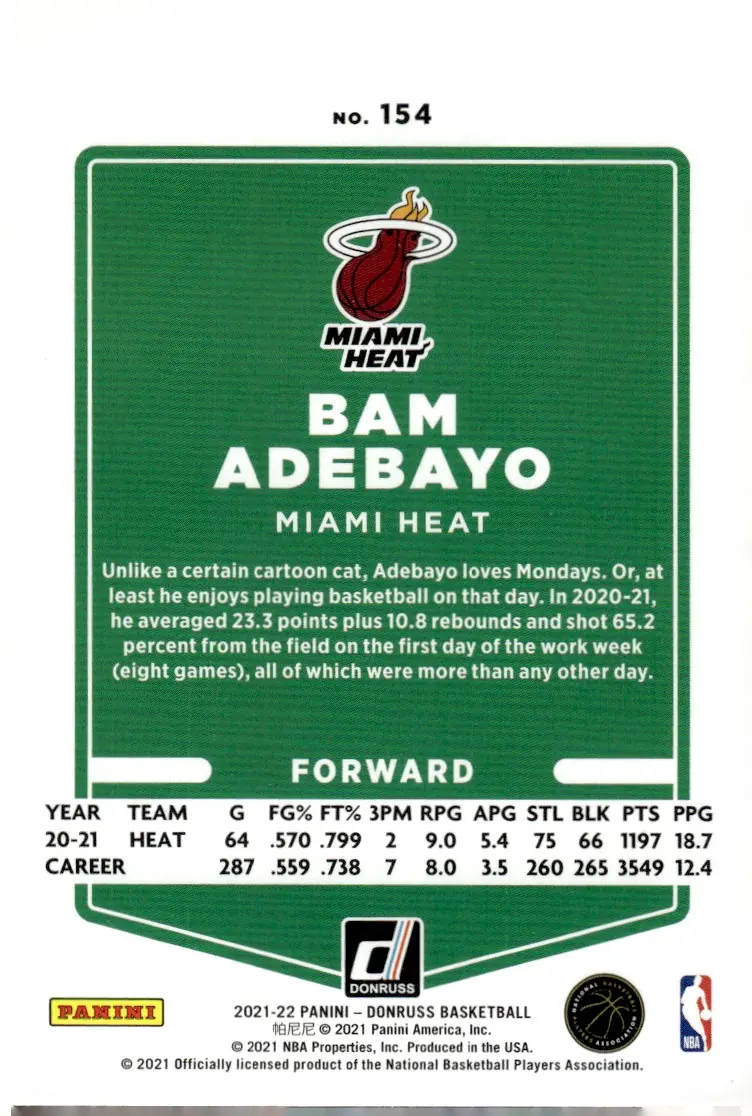 2021-22 Donruss #154 Bam Adebayo (back)