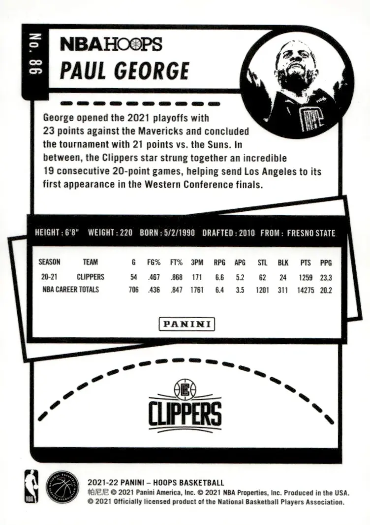 2021-22 NBA Hoops #86 Paul George (back)