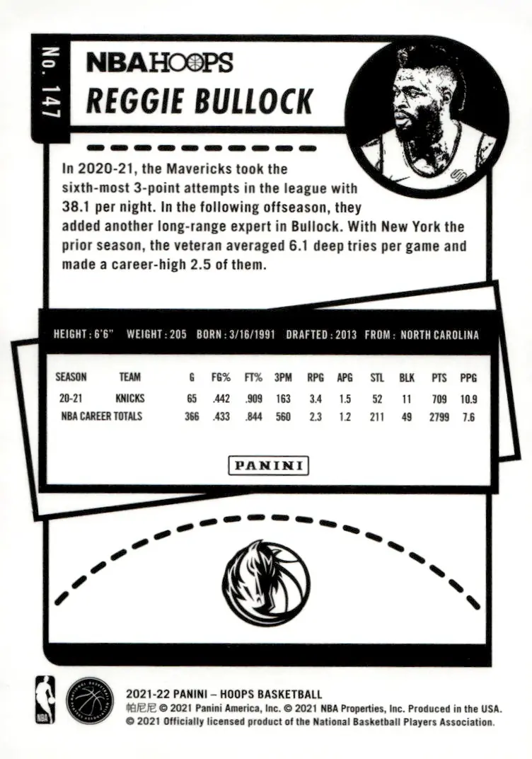 2021-22 NBA Hoops #147 Reggie Bullock (back)