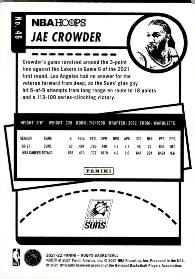 2021-22 NBA Hoops #46 Jae Crowder (back)