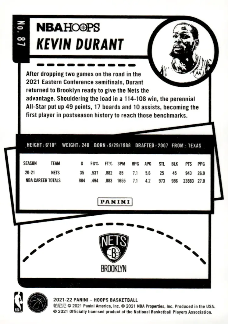 2021-22 NBA Hoops #87 Kevin Durant (back)