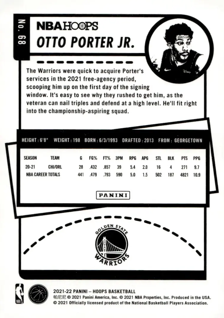 2021-22 NBA Hoops #68 Otto Porter Jr. (back)