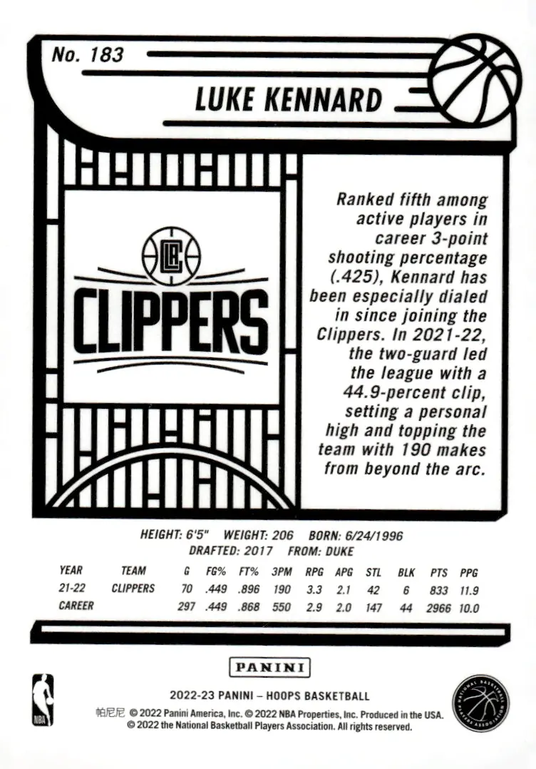 2022-23 NBA Hoops #183 Luke Kennard (back)