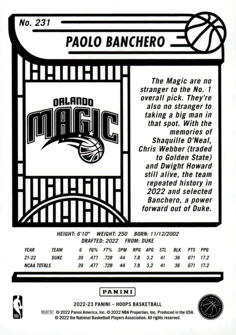 2022-23 NBA Hoops #231 Paolo Banchero (back)