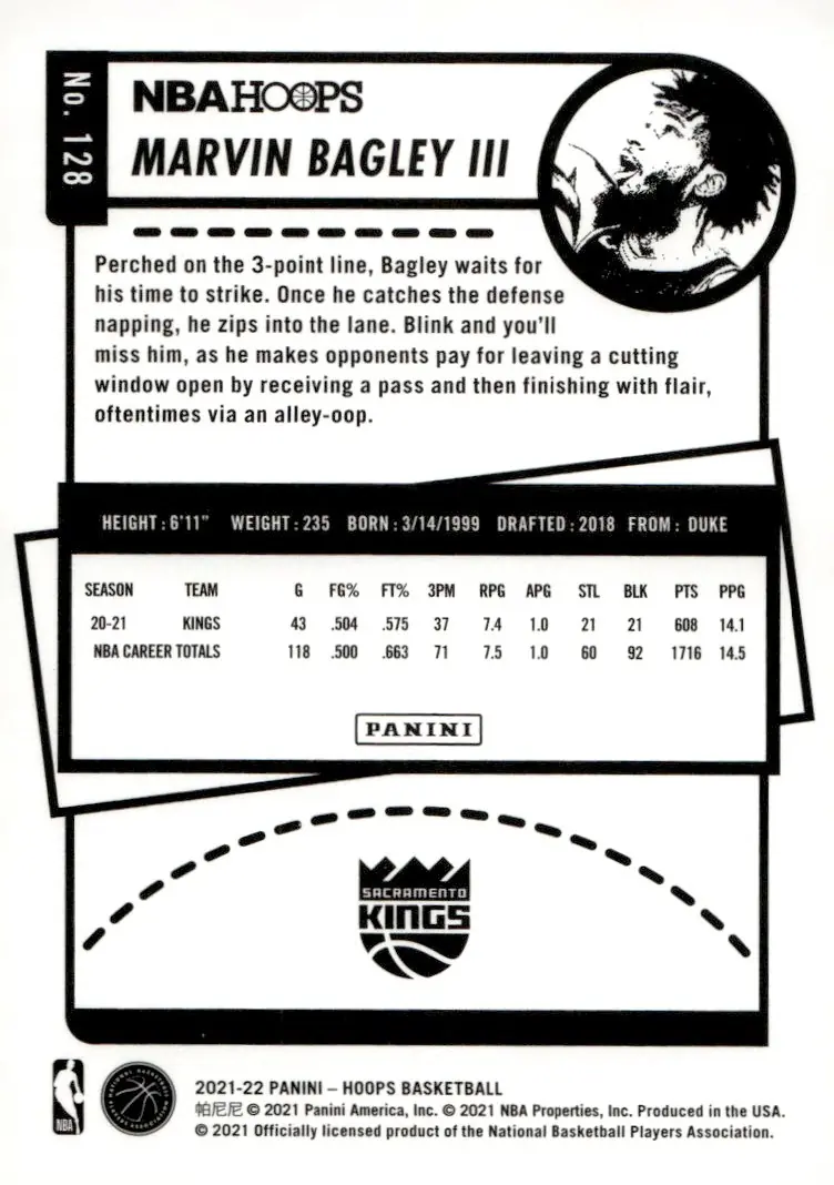 2021-22 NBA Hoops #128 Marvin Bagley III (back)