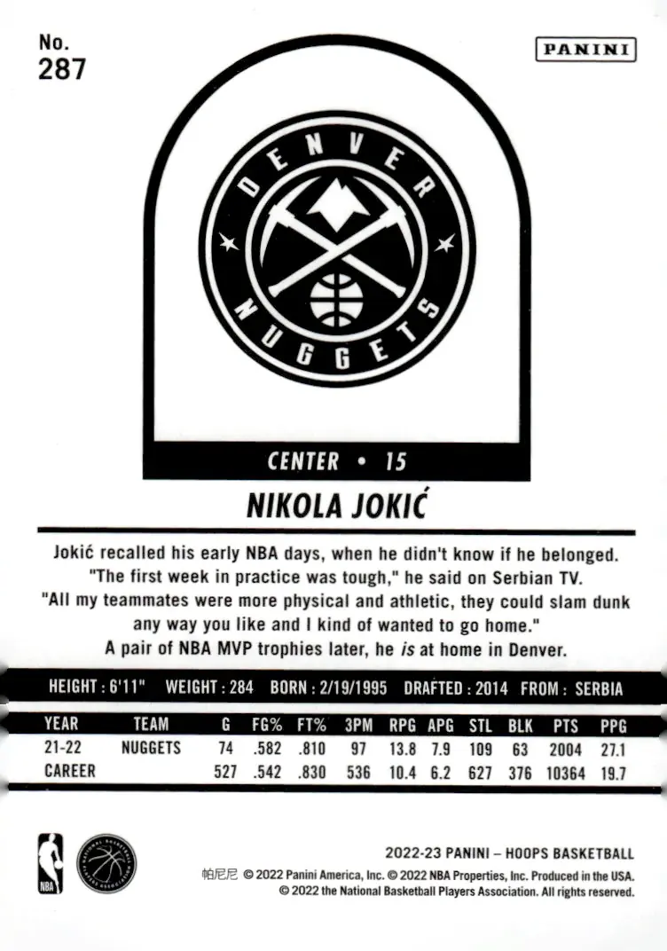 2022-23 NBA Hoops #287 Nikola Jokić (back)