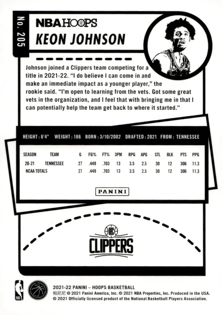 2021-22 NBA Hoops #205 Keon Johnson (back)