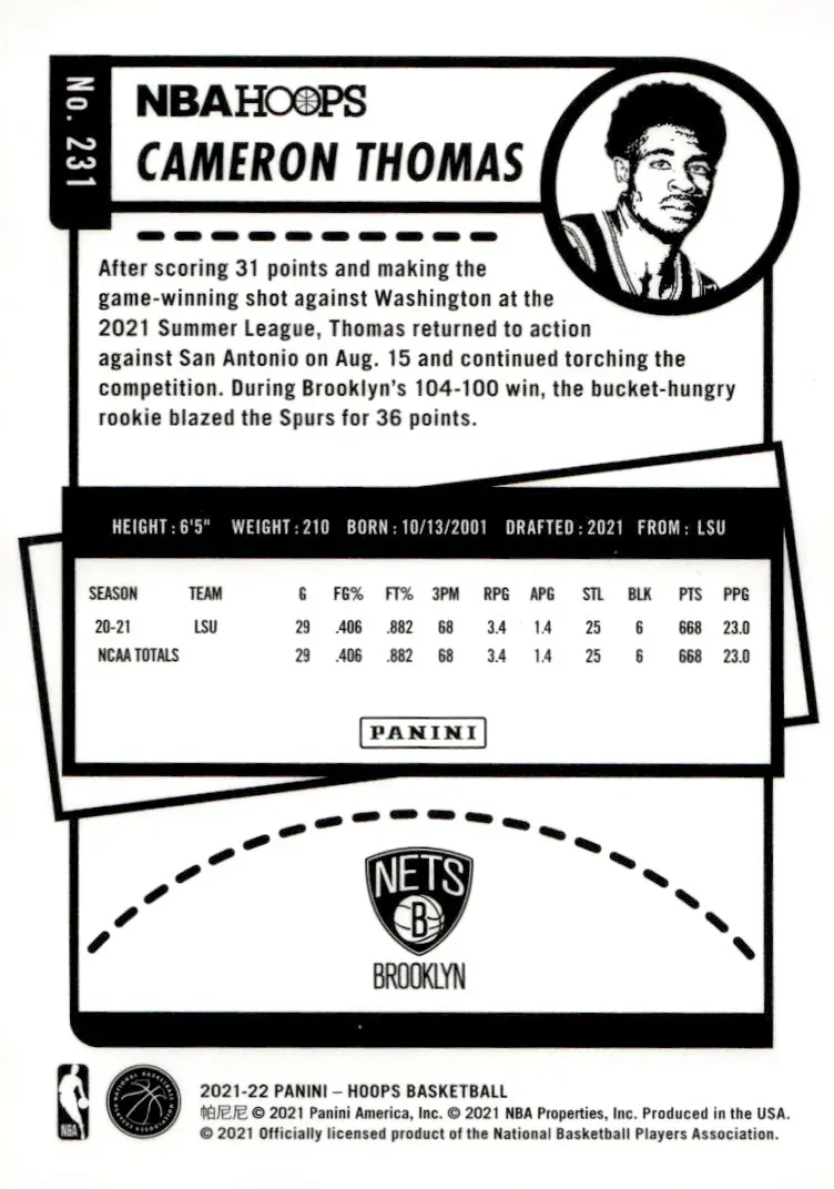2021-22 NBA Hoops #231 Cameron Thomas (back)